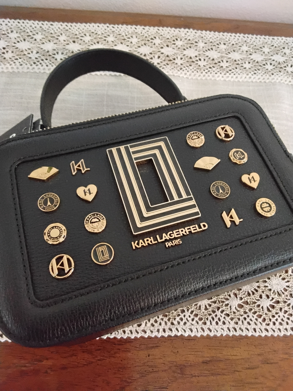 Karl Lagerfeld Black Leather Camera Bag with Branded Strap